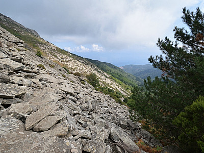 Nahezu eben wandern wir nach Norden über die steinigen Hänge des Monte Capanne