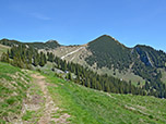 Schon nach kurzer Zeit zeigt sich vor uns der Geigelstein und links von ihm der Rossalpenkopf