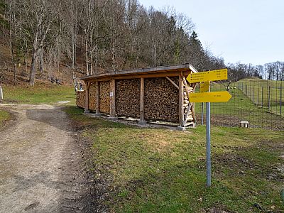 Hinter dem Holzstoß biegen wir links ab...