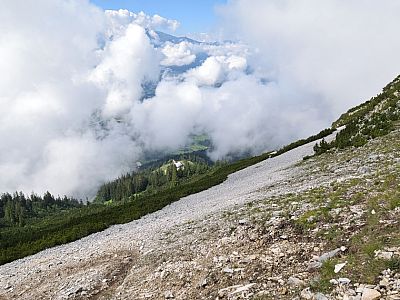 Nach den Latschen steigen wir über Schotterfelder weiter auf.