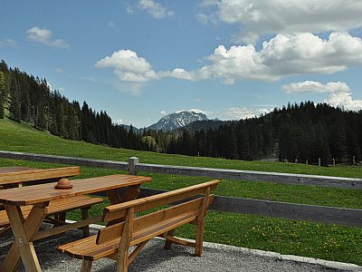 Terrasse der Jocheralm mit Blick auf die Benediktenwand