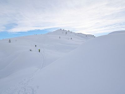 Durch kupiertes Gelände steigen wir weiter Richtung Gipfel auf