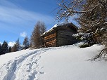 Die Spur führt an einer Heuhütte vorbei