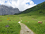 Nach der Rasthütte halten wir uns rechts Richtung Falkenhütte und Karwendelhaus