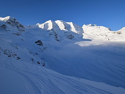 Der Blick auf den Piz Palü vom Berghaus Diavolezza