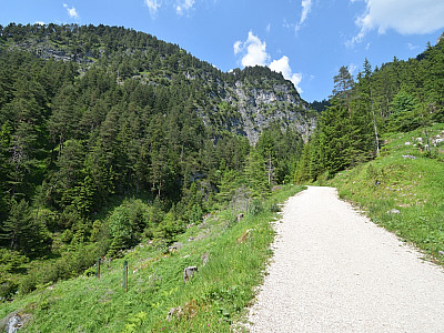 Zielstrebig führt uns die Straße auf den Einschnitt zu, in dem sich der Dalfazer Wasserfall befindet
