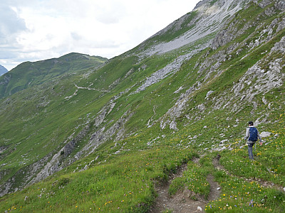 Nach einem Anstieg queren wir auf dem Friedrich-Mayer-Weg nach Norden zum Wöstersattel