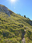 Im steilen Wiesengelände wandern wir dem Gipfel entgegen