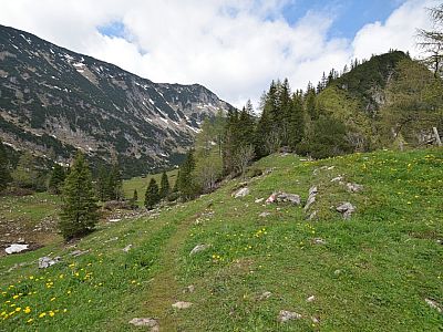 Der Weg rechts führt über den Fellalmsattel zum Traithen 