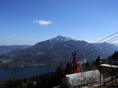 Zwölferhorn-Seilbahnkabine vor dem Schafberg