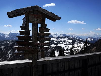 Ein hölzerner Wegweiser hilft beim Bestimmen der umliegenden Gipfel