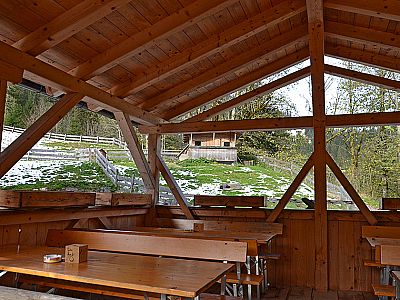 Auf der überdachten Terrasse der Hütte