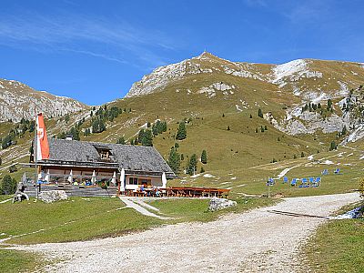 Gampenalm mit Zendleser Kofel im Hintergrund 