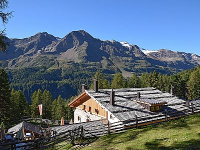 Blick über die Lyfialm und das Martelltal