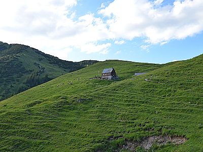 Blick zur Hütte während des Abstiegs ins Rißtal