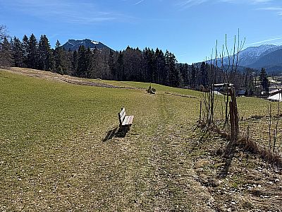 Dann erreichen wir eine Wiese mit mehreren Rastbänken
