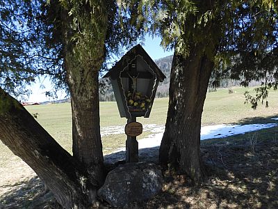 Unter den zwei Bäumen befindet sich ein Kreuz
