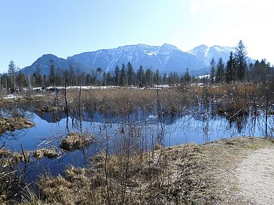 Im dunklen Wasser spiegeln sich die Berge
