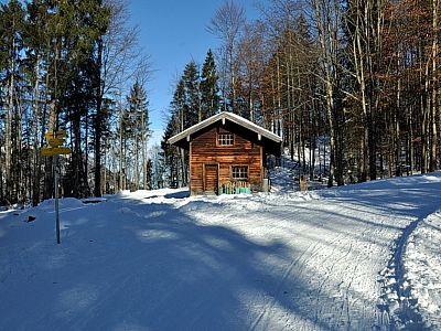 An der Holzhütte halten wir uns rechts nach Südosten
