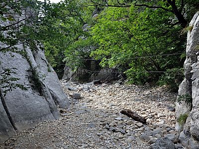 Zwei Drahtseile überqueren das hier möglicherweise öfter Wasser führende Bachbett