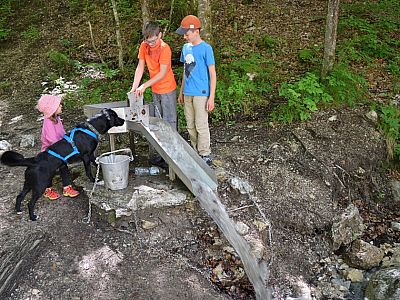 An einem Model können die Kinder die Holztrift spielerisch simulieren
