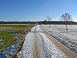 Über freies Feld spazieren wir an einem Holzstadel vorbei