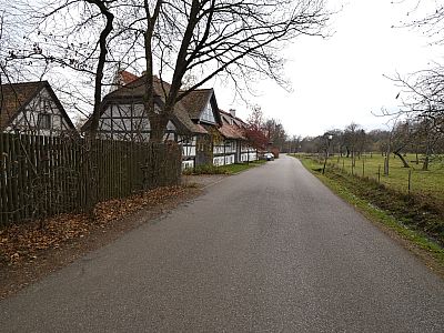 Zwischen den Grundstücken müssen wir nach rechts zur Straße ausweichen