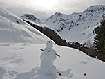 Über dem Schneemann erkennen wir den Tristkogel, das Tor und den Gamshag