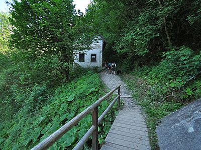 An dem kleinen Häuschen vorbei betreten wir den Wald